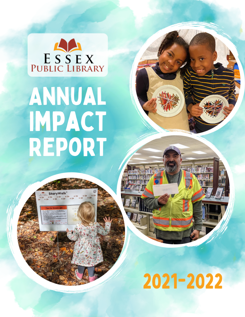 Cover of 2022 Annual Report featuring photos of 4 library patrons and text that reads: Annual Impact Report 2021-22