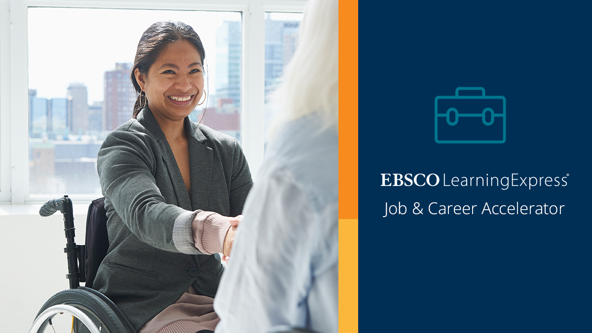 Image of Woman Shaking Someone's hand, with text that reads EBSCO Job & Career Accelerator