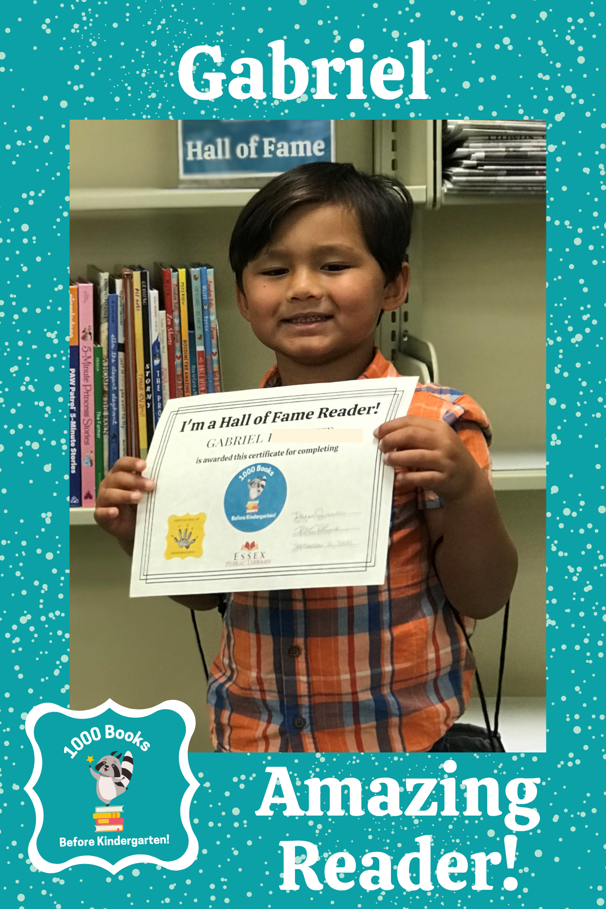 1000 Books before kindergarten Hall of Fame