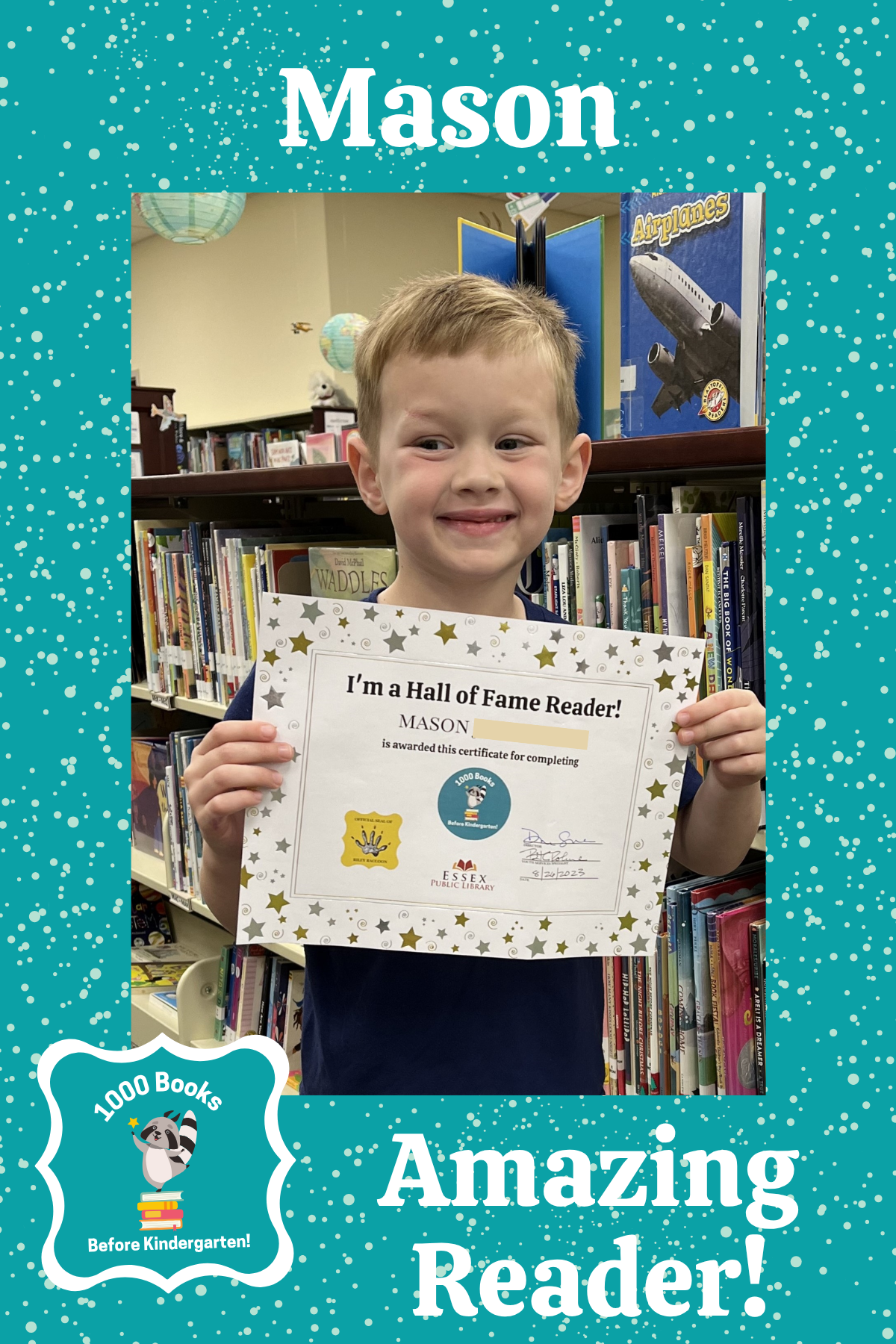 1000 Books before kindergarten Hall of Fame