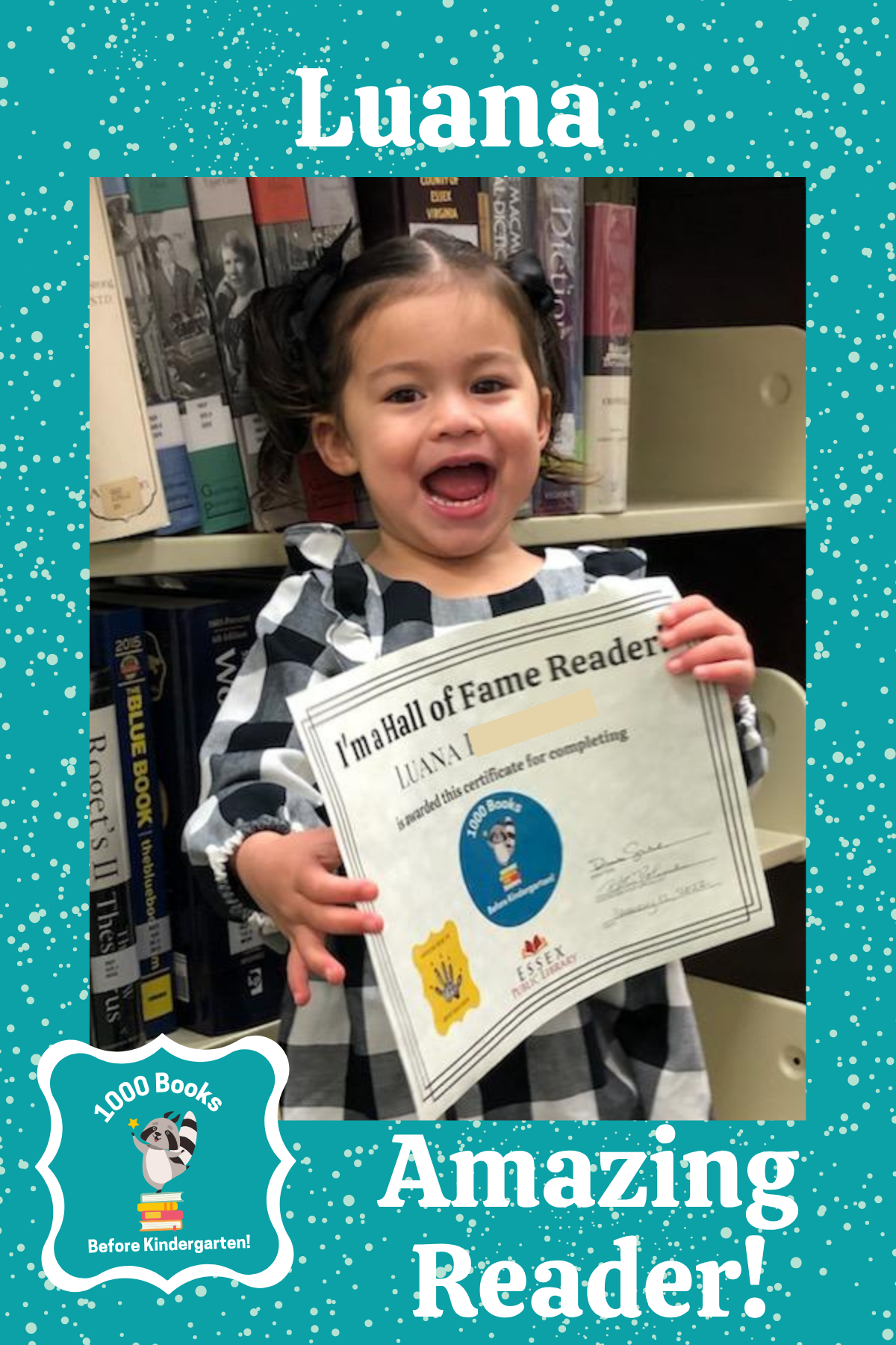 1000 Books before kindergarten Hall of Fame