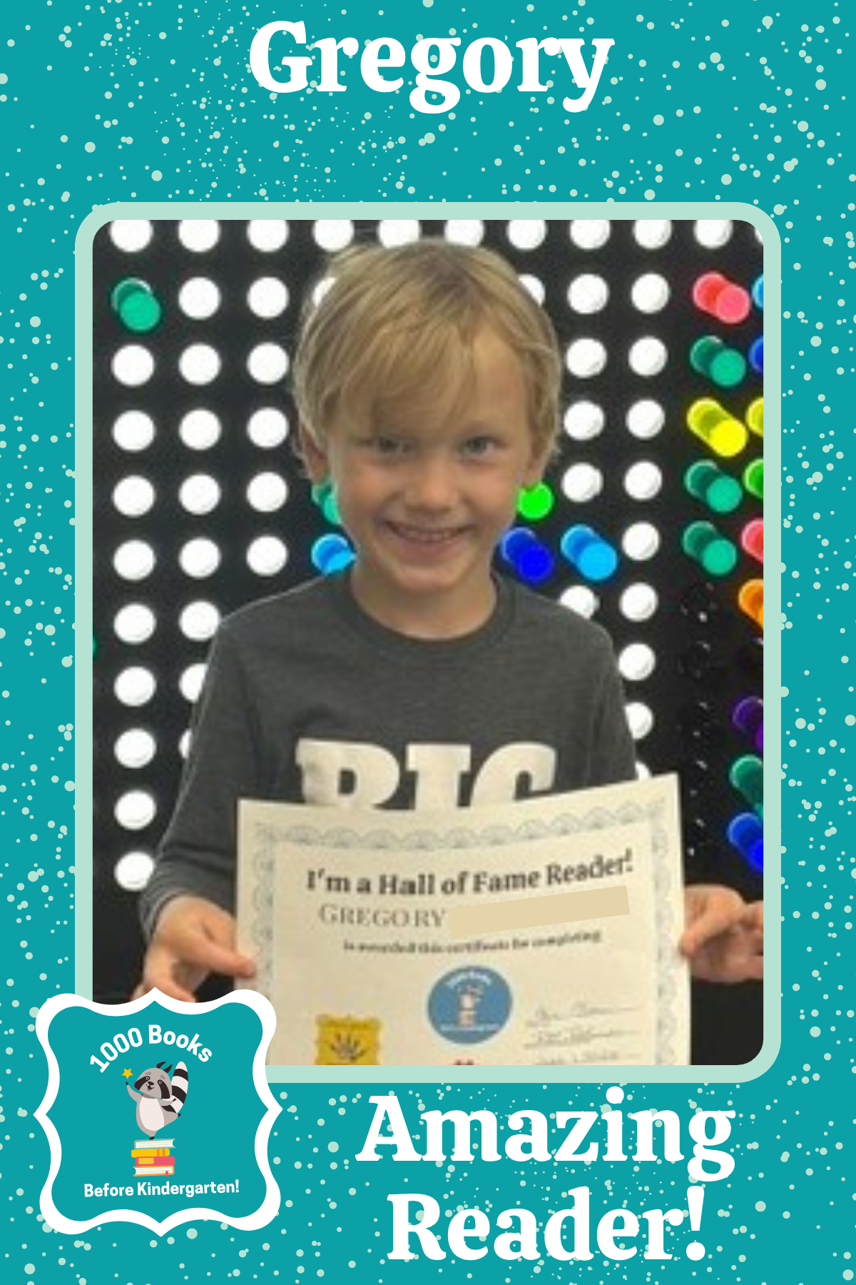 1000 Books Before Kindergarten Hall of Fame Reader