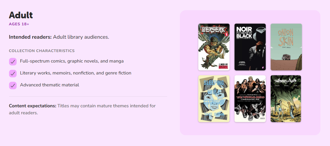 Comics Plus description of the adult collection